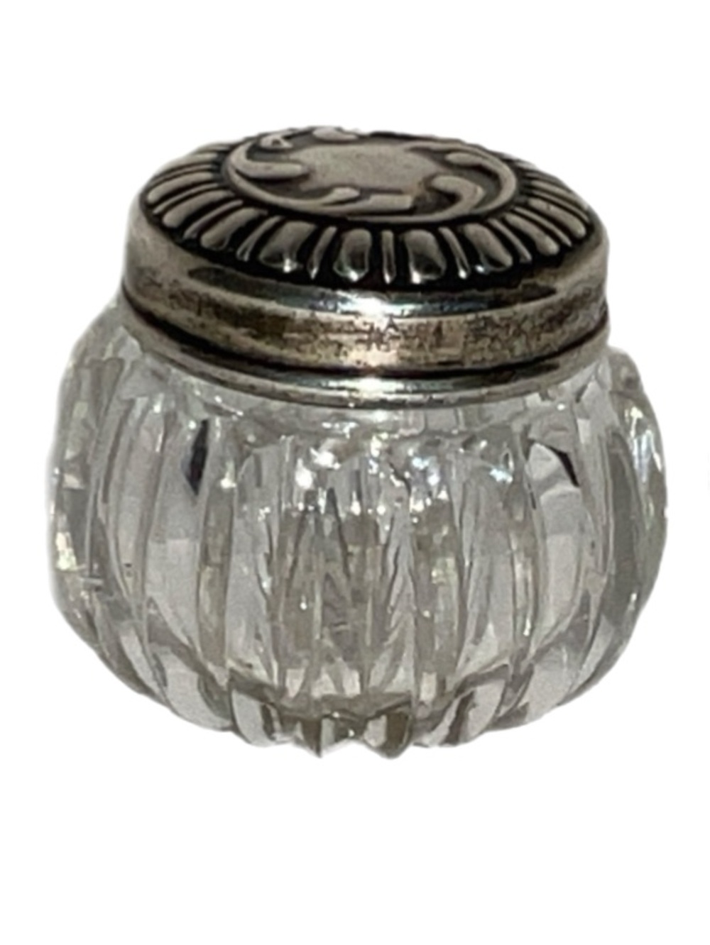 Tiny Cut Glass Vanity Jar with Sterling Lid
